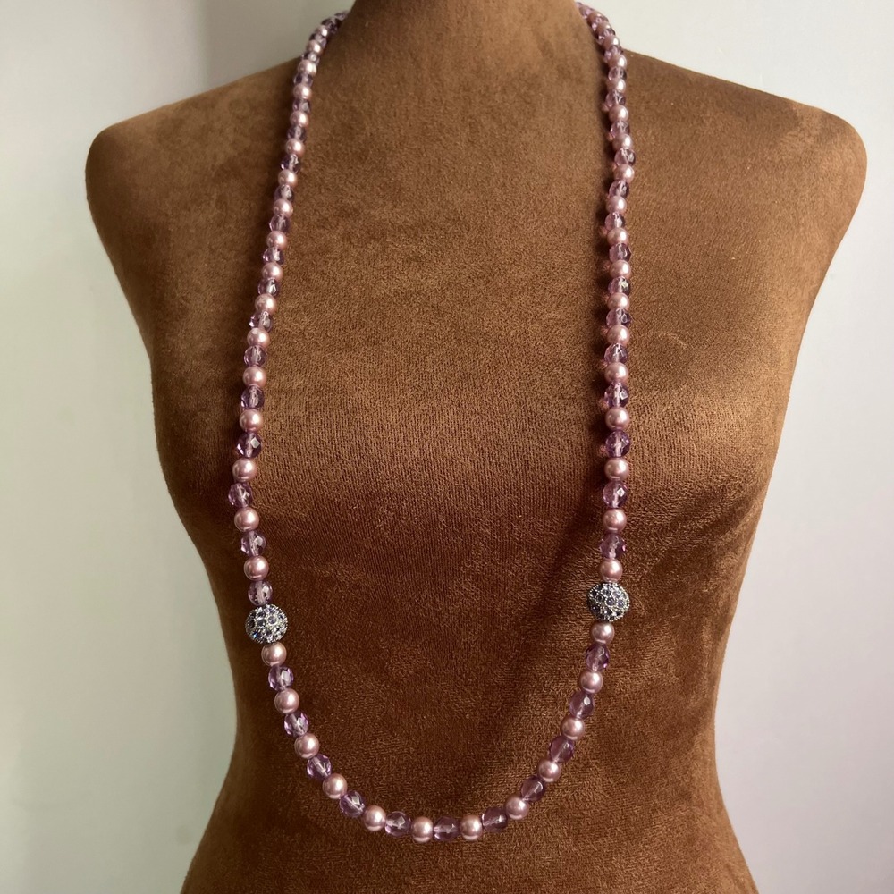 Lavender Faux Pearl Faceted Glass Bead 35' Opera Stretch Necklace Fairycore